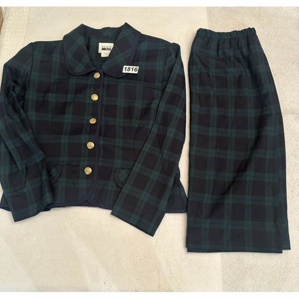 VTG Leslie Fay Plaid Skirt Suit Set Navy Green Size 14 Womens Blazer Tartan USA
